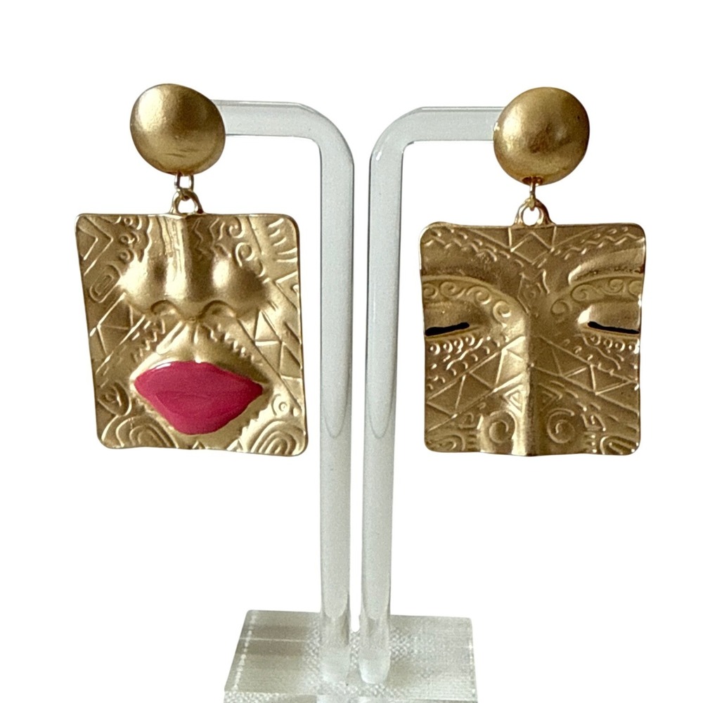 Gold Abstract Face Mismatched Drop Earrings Pink Lips Tribal Geometric Square